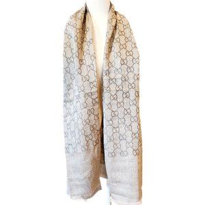 GUCCI Gray Monogram Fringe Shawl Scarf Sz 18W × 70L